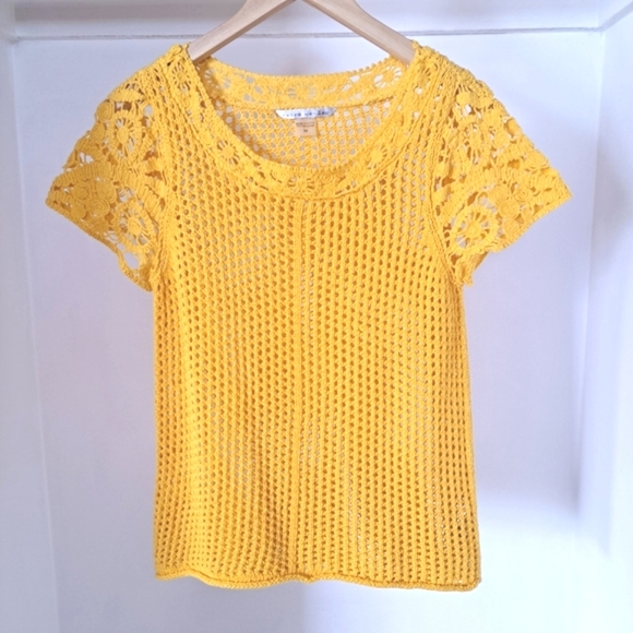 Peter nygard | Canary yellow crochet cottagecore knit t shirt - Picture 3 of 13